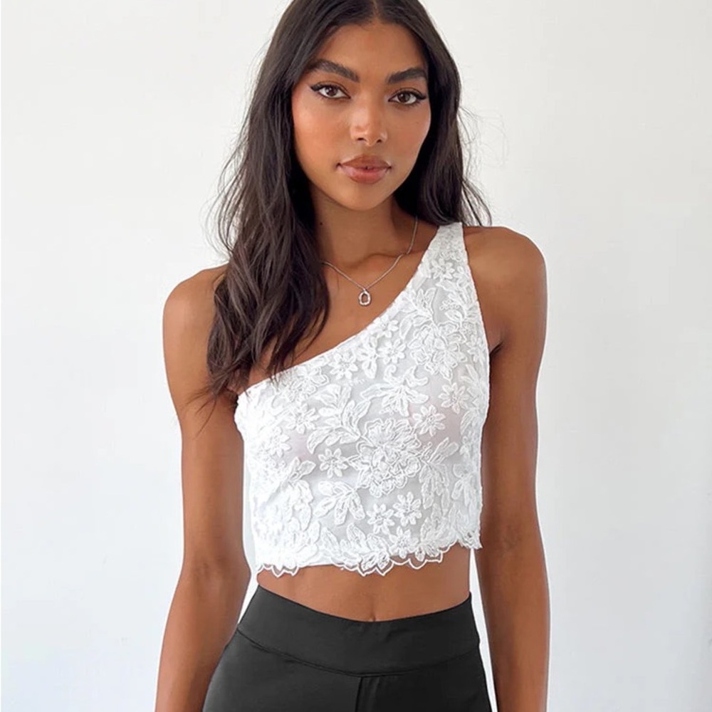 Beginning boutique Maggie white lace one shoulder tank top